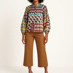 Ryegrass Sheer Pleated Blouse | XS | Geo Print | Bohemian Lightweight Office